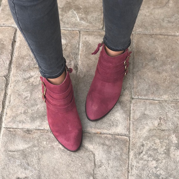 MIB Wine Genuine Suede Triple Buckle Ankle Boots - Picture 4 of 8
